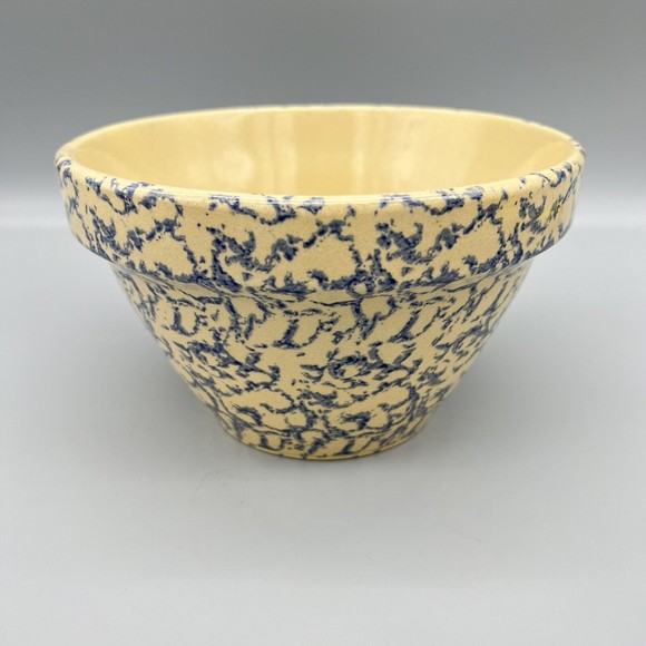 VTG R.R.P. Co Blue Spongeware Mixing Bowl 9" Robinson Ransbottom Roseville EUC - Picture 1 of 7